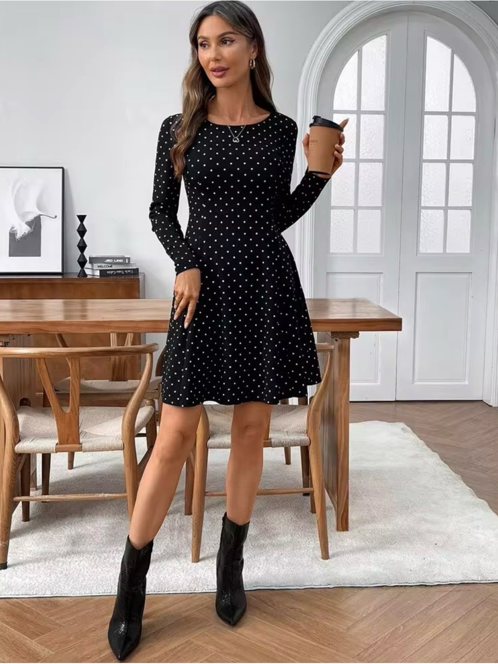 Long Sleeve Black Polka Dot A-Line Dress
